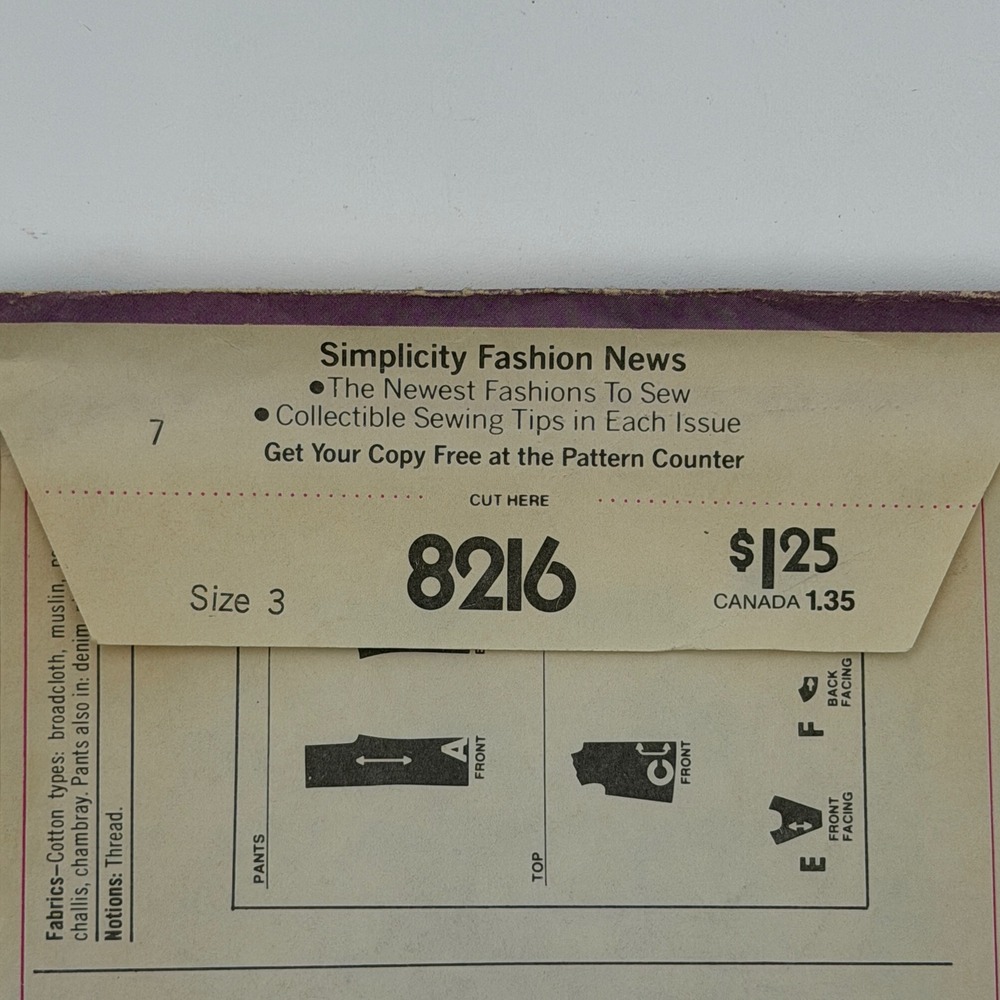 Simplicity 8216 Sewing Pattern Child Size 3 Multi-Color 1977 Boho Top Pants - Picture 3 of 7
